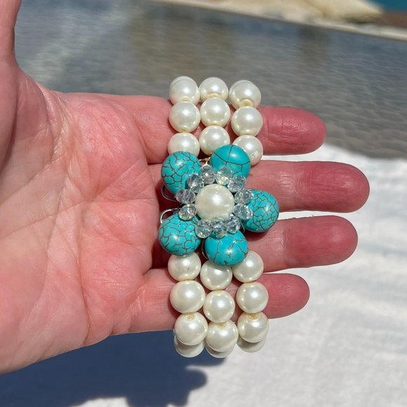 Handmade Bracelet Stretch Multi Strand Pearl Turquoise Boho Flower Crystal New! - Picture 5 of 6